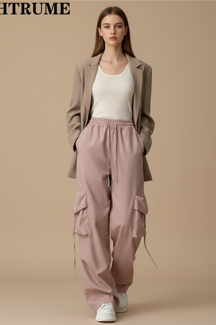 Pantalon Baggy Rose Cargo Ample Décontracté Cordon - Toile