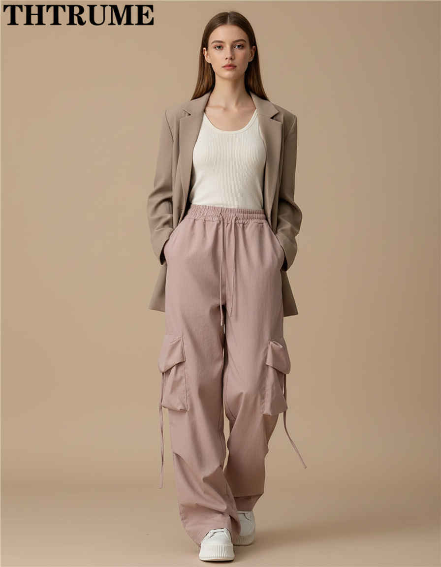 Pantalon Baggy Rose Cargo Ample Décontracté Cordon - Toile