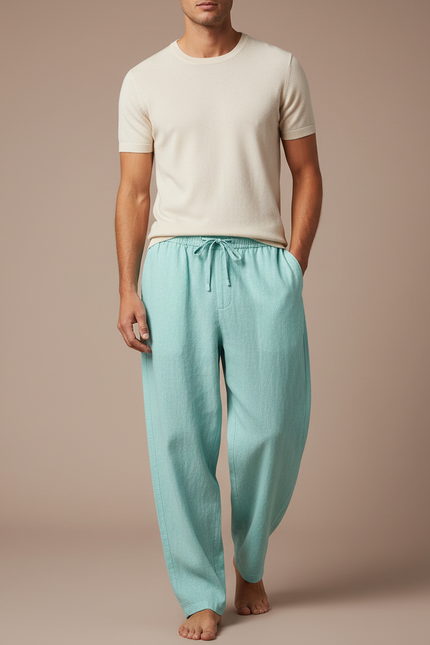Pantalon Baggy Vert Menthe Ample Lin Décontracté Homme