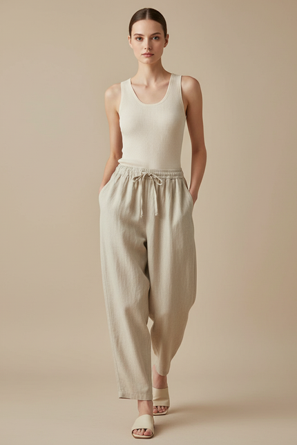 Pantalon Baggy Beige Lin Ample Cordon Taille Haute
