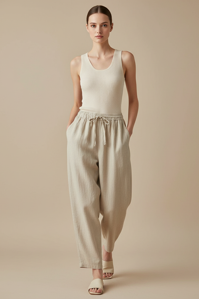 Pantalon Baggy Beige Lin Ample Cordon Taille Haute