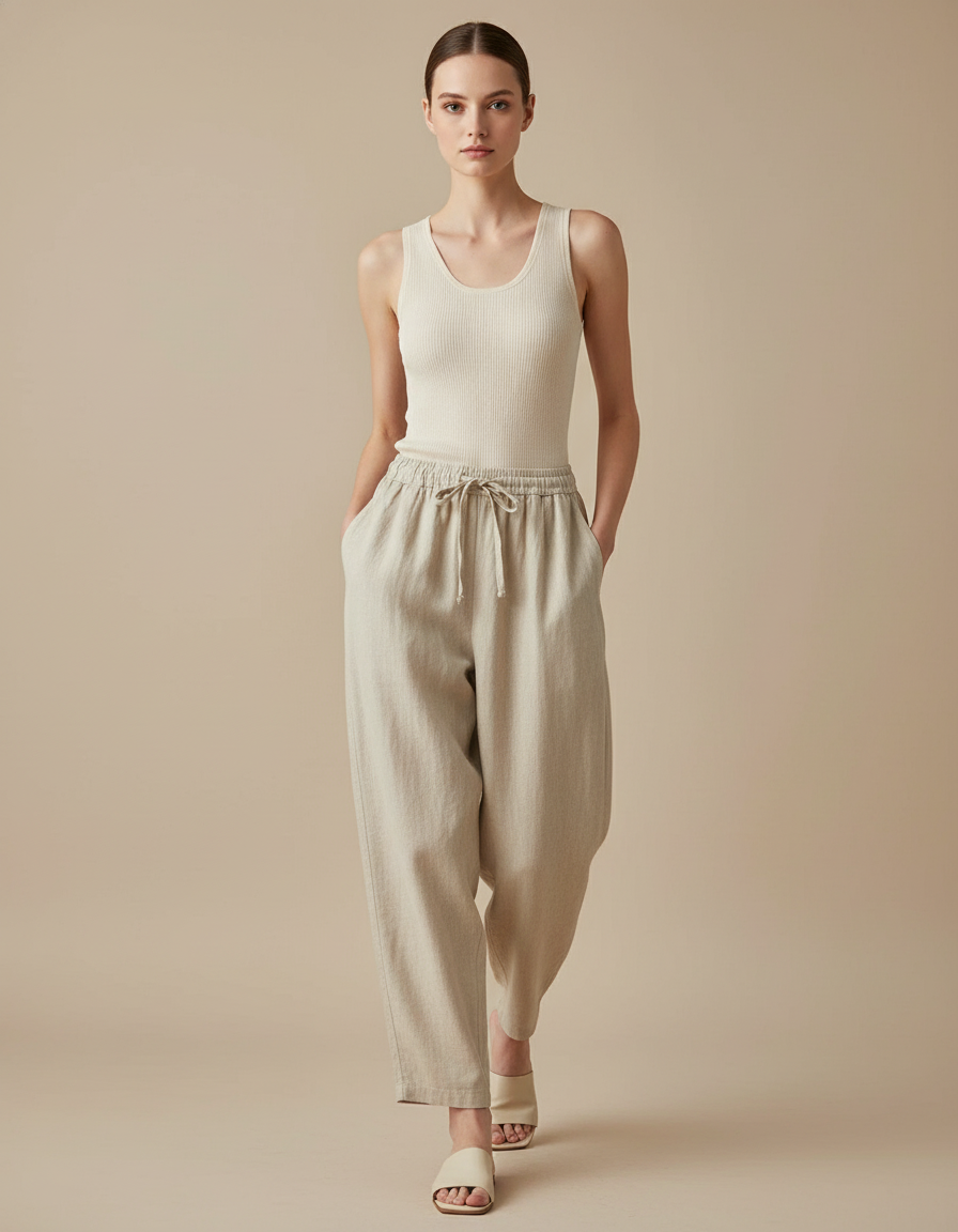Pantalon Baggy Beige Lin Ample Cordon Taille Haute