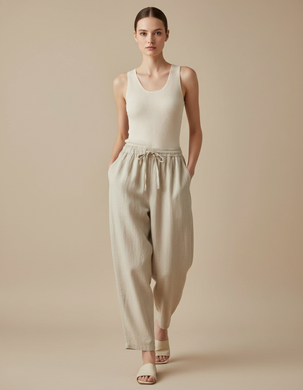 Pantalon Baggy Beige Lin Ample Cordon Taille Haute