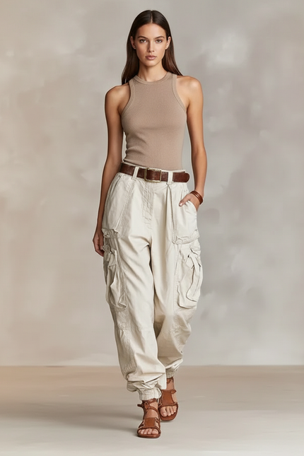 Pantalon Baggy Cargo Beige Ample Décontracté Femme - Toile