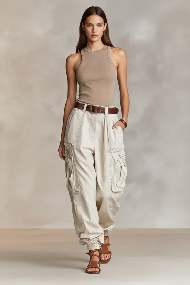 Pantalon Baggy Cargo Beige Ample Décontracté Femme - Toile
