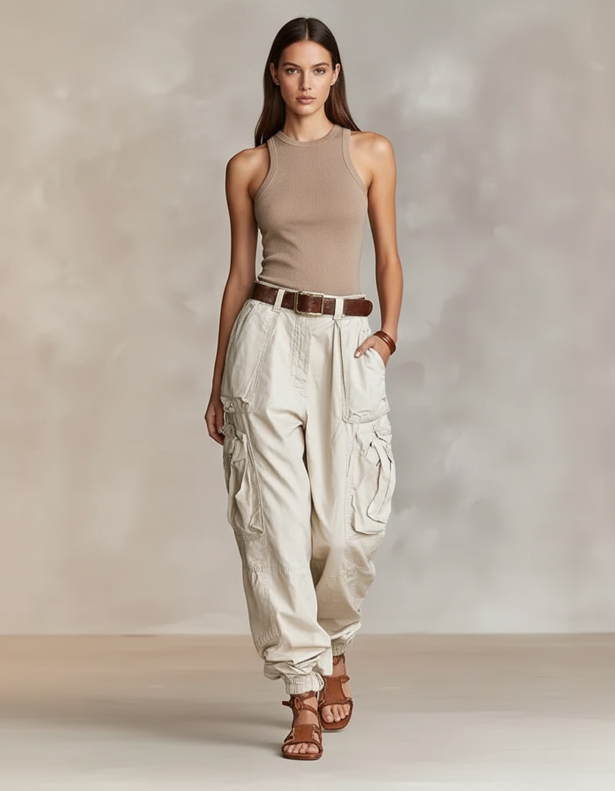 Pantalon Baggy Cargo Beige Ample Décontracté Femme - Toile