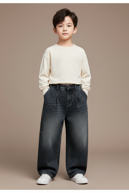 Pantalon Baggy Jean Gris Ample Décontracté Plissé