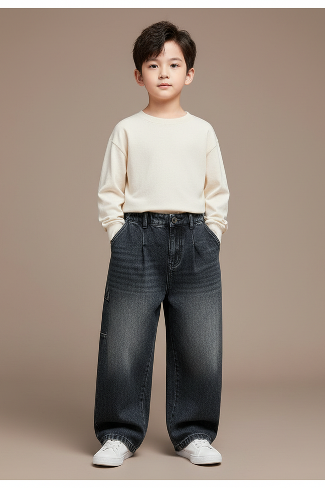 Pantalon Baggy Jean Gris Ample Décontracté Plissé