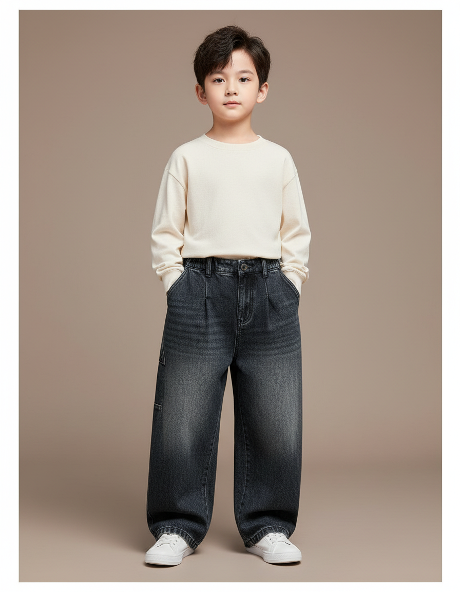 Pantalon Baggy Jean Gris Ample Décontracté Plissé