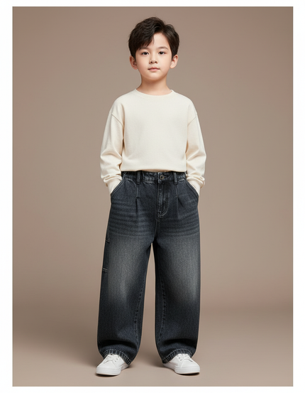 Pantalon Baggy Jean Gris Ample Décontracté Plissé