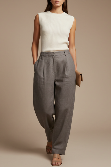 Pantalon Baggy Gris Plissé Ample Lin Fluide