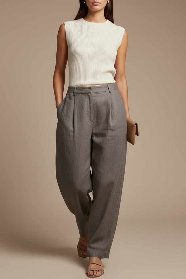 Pantalon Baggy Gris Plissé Ample Lin Fluide