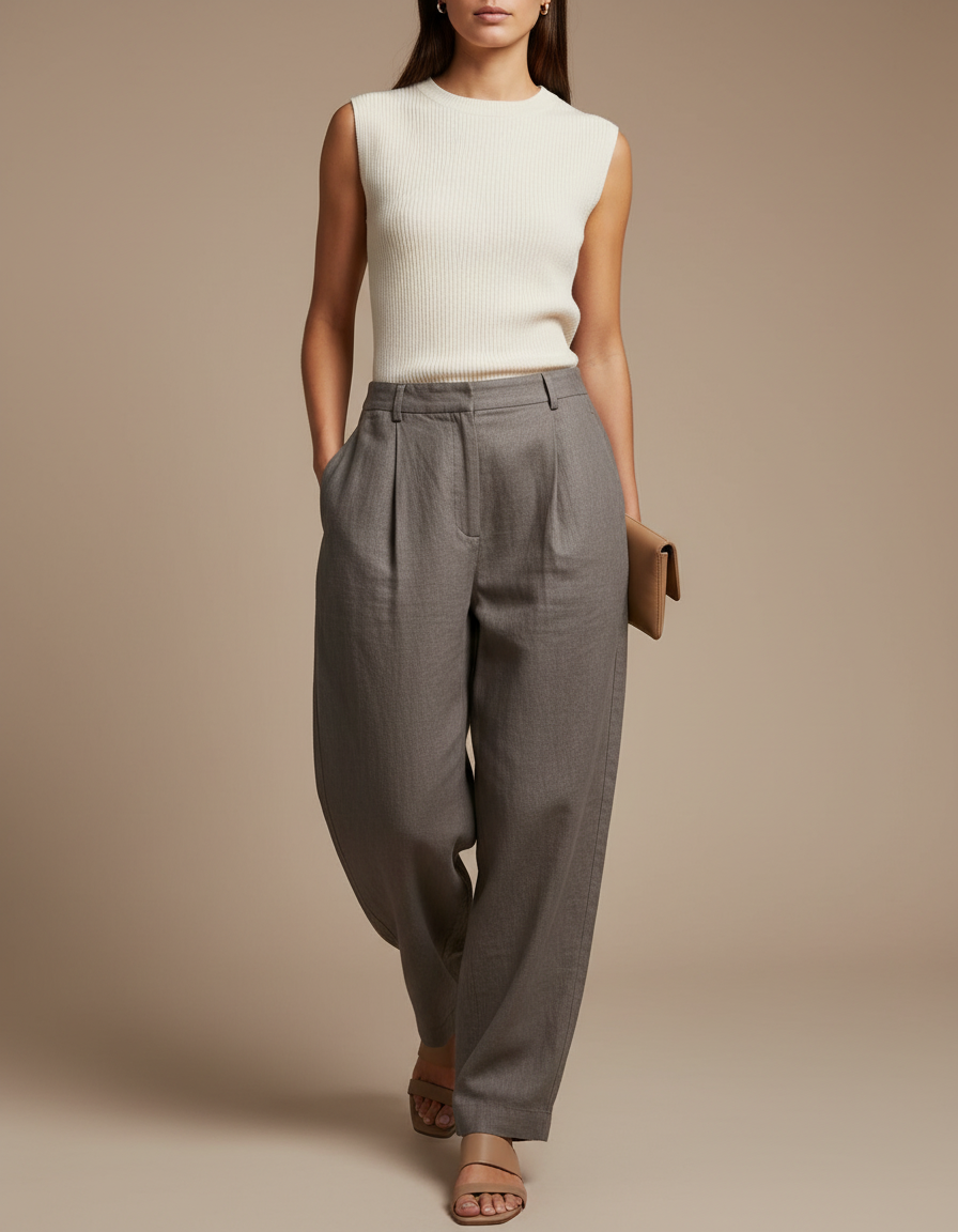 Pantalon Baggy Gris Plissé Ample Lin Fluide