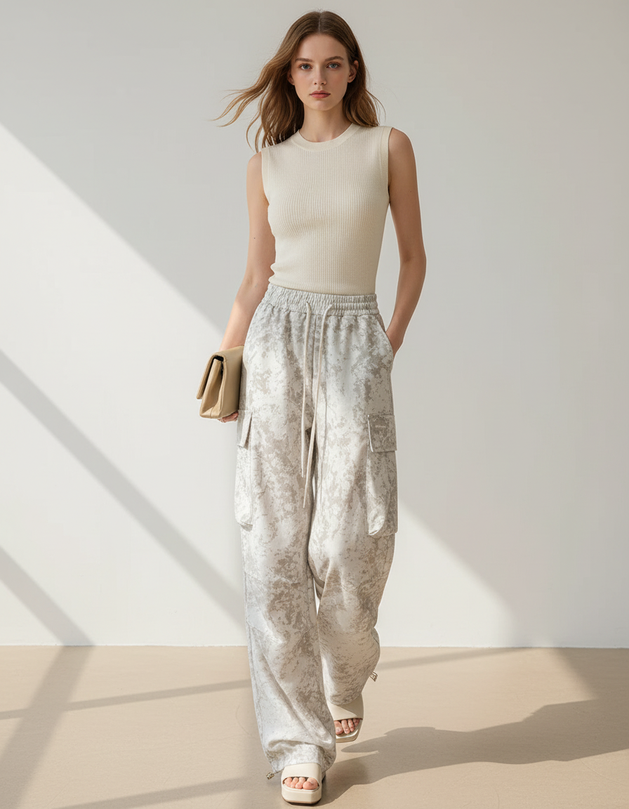 Pantalon Baggy Imprimé Ample Cargo Élastique Femme - Molleton