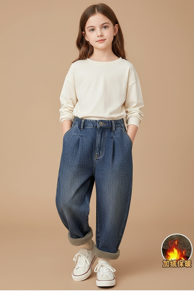 Pantalon Baggy Bleu Jean Ample Velours Épais Hiver