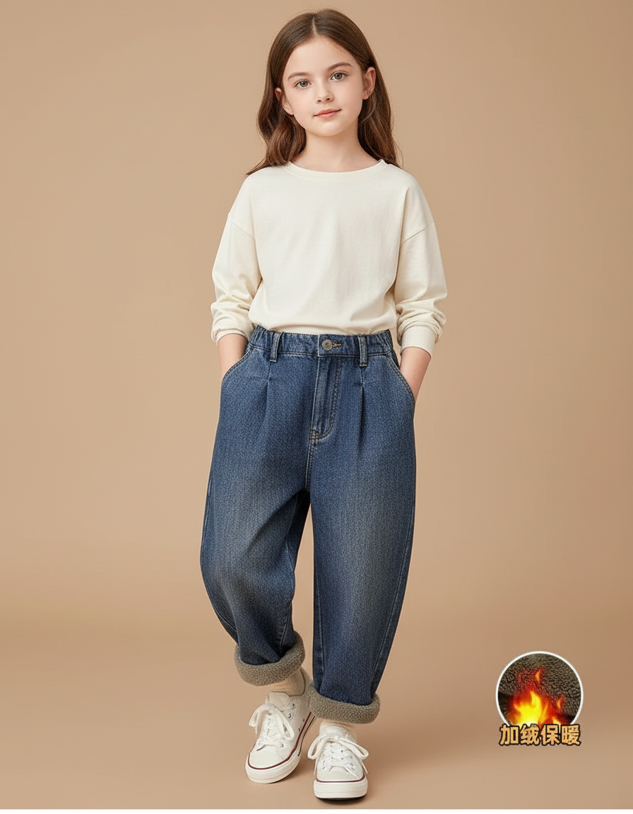 Pantalon Baggy Bleu Jean Ample Velours Épais Hiver