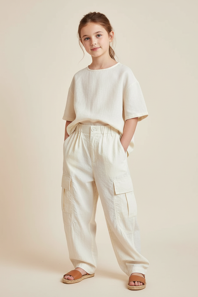 Pantalon Baggy Beige Cargo Ample Décontracté Enfant - Lin