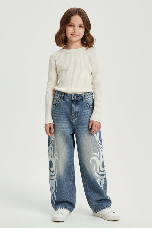 Pantalon Baggy Jean Ample Imprimé Tribal Vintage - Bleu