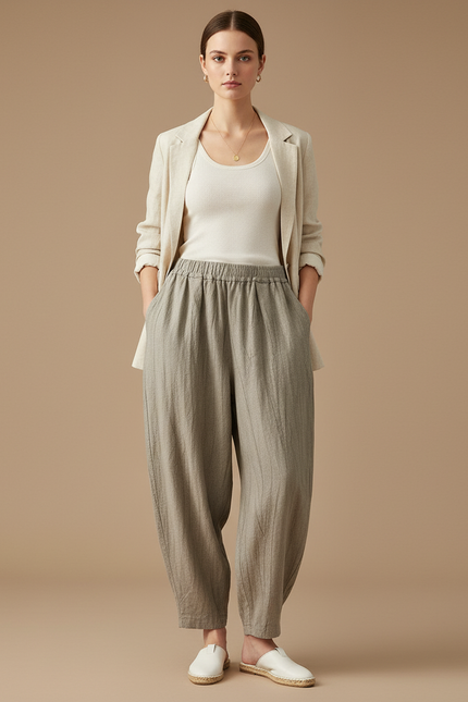 Pantalon Baggy Lin Plissé Gris Ample Décontracté Femme