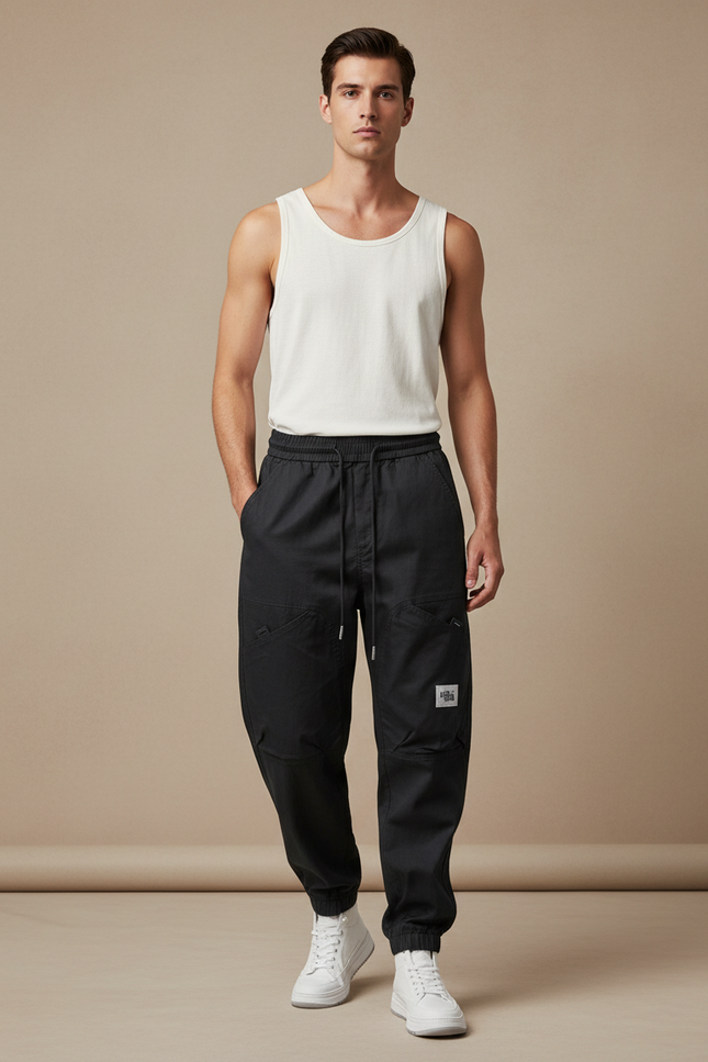 Pantalon Baggy Noir Cargo Cordon Homme Streetwear - Toile