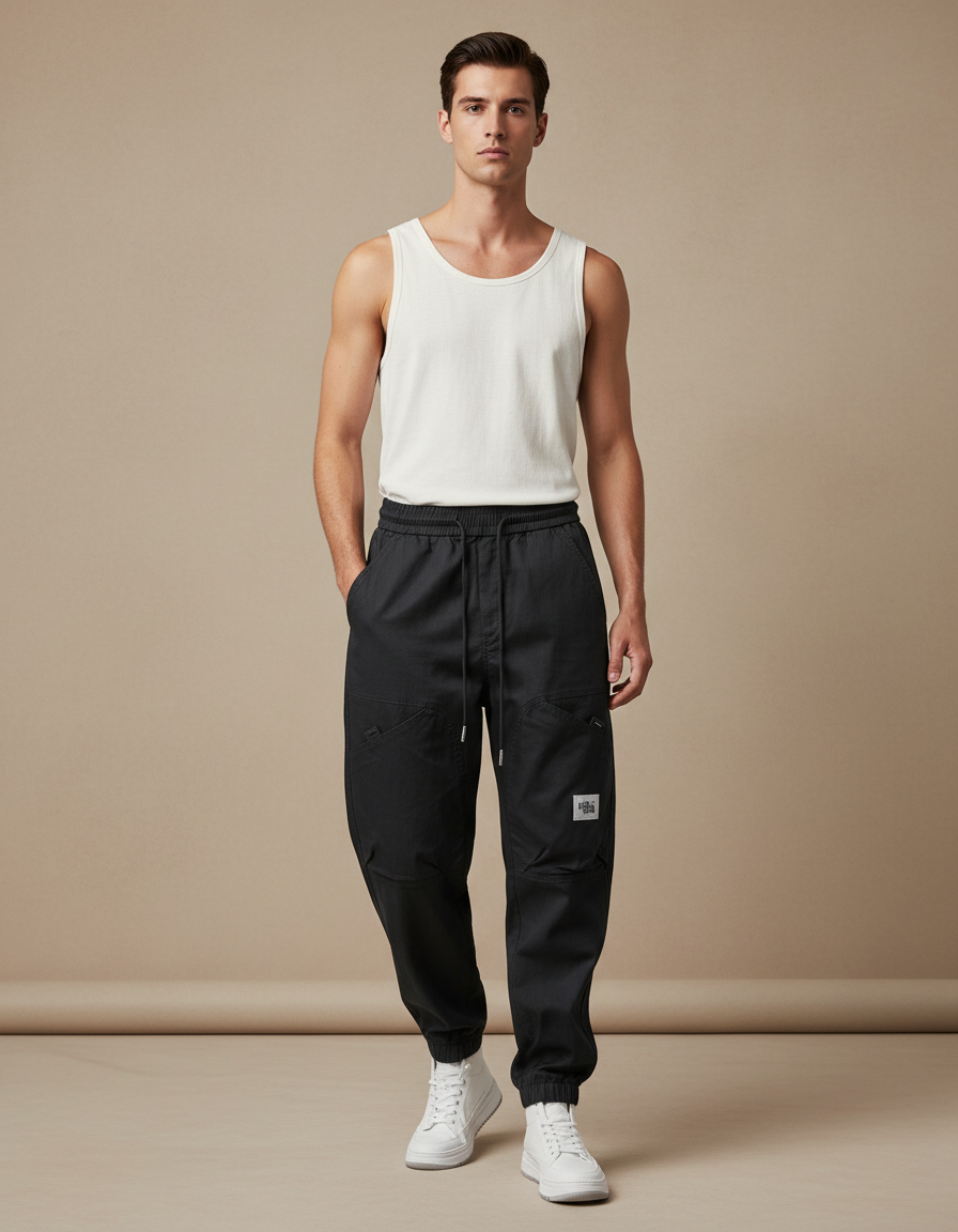 Pantalon Baggy Noir Cargo Cordon Homme Streetwear - Toile