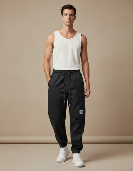 Pantalon Baggy Noir Cargo Cordon Homme Streetwear - Toile