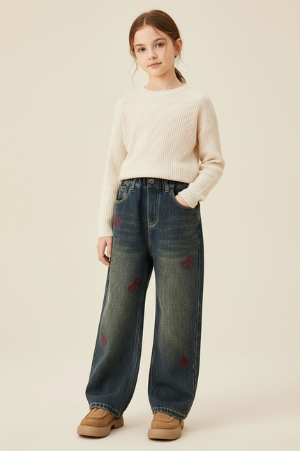 Pantalon Baggy Jean Délavé Ample Brodé Enfant - Bleu