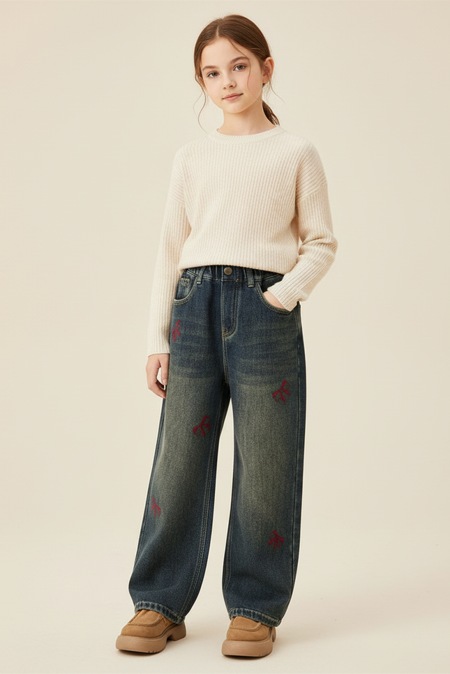 Pantalon Baggy Jean Délavé Ample Brodé Enfant - Bleu