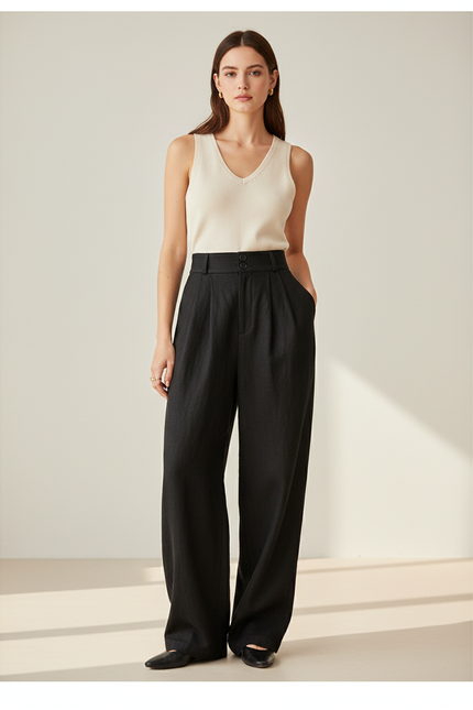 Pantalon Baggy Noir Lin Plissé Ample Femme Élégant