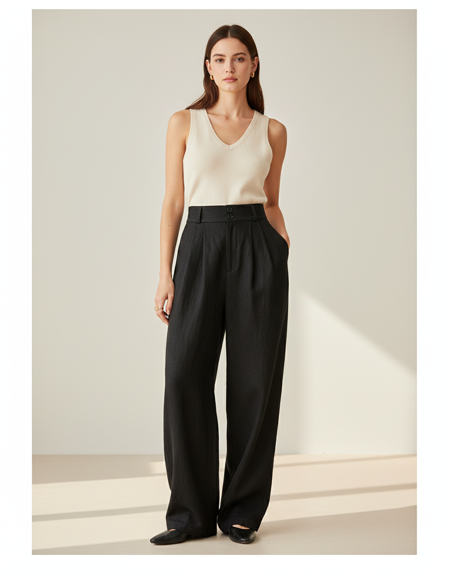 Pantalon Baggy Noir Lin Plissé Ample Femme Élégant