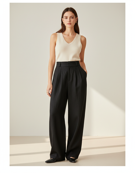 Pantalon Baggy Noir Lin Plissé Ample Femme Élégant