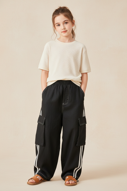 Pantalon Baggy Noir Cargo Rayures Blanches Enfant - Toile