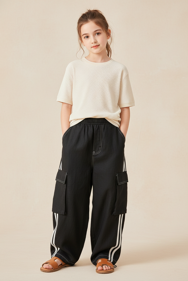 Pantalon Baggy Noir Cargo Rayures Blanches Enfant - Toile