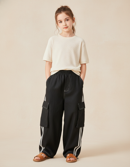 Pantalon Baggy Noir Cargo Rayures Blanches Enfant - Toile