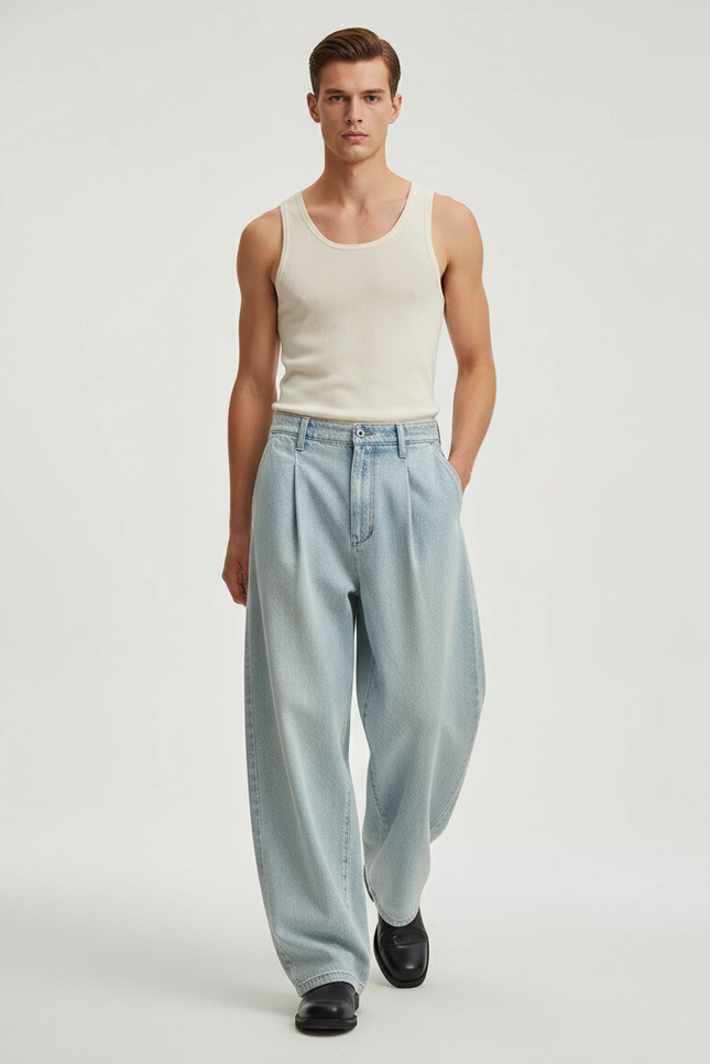 Pantalon Baggy Jean Bleu Clair Plissé Ample