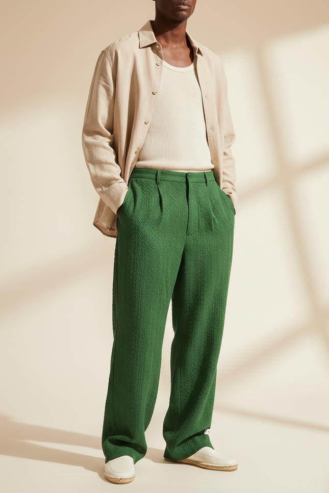 Pantalon Baggy Vert Texturé Ample Décontracté Homme - Cordé