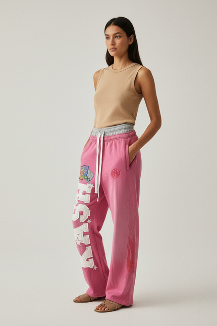 Pantalon Baggy Rose Imprimé Large Décontracté Femme - Molleton