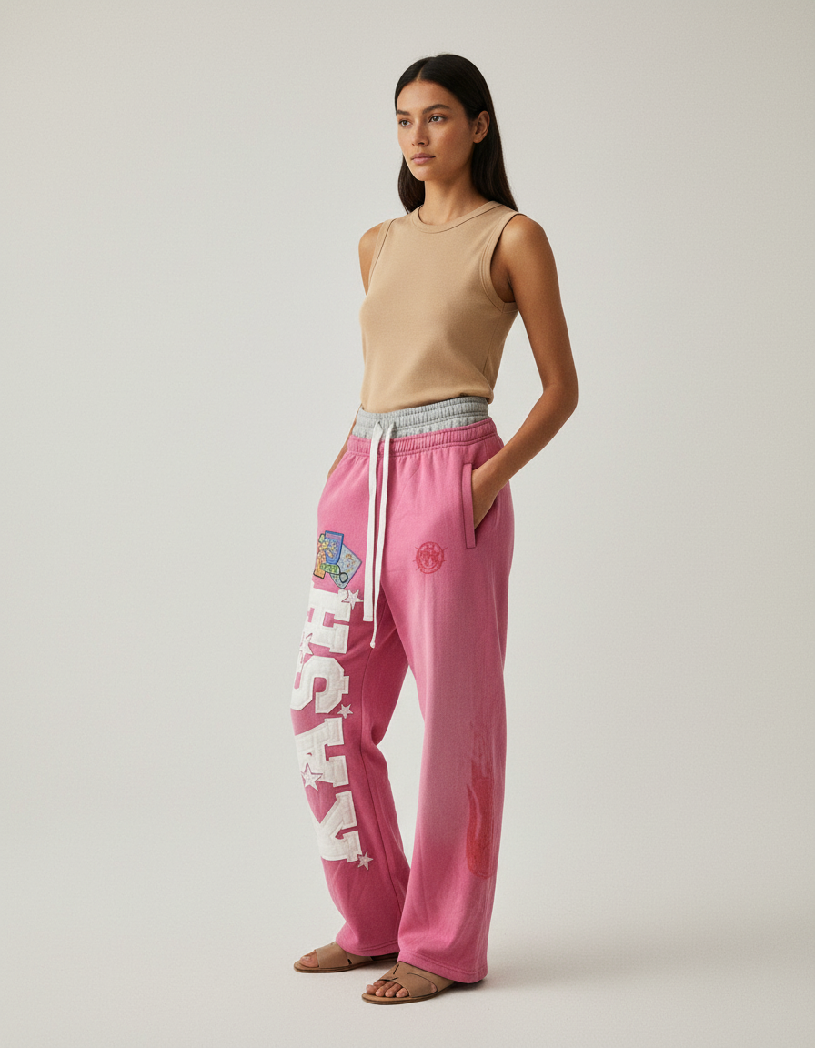 Pantalon Baggy Rose Imprimé Large Décontracté Femme - Molleton