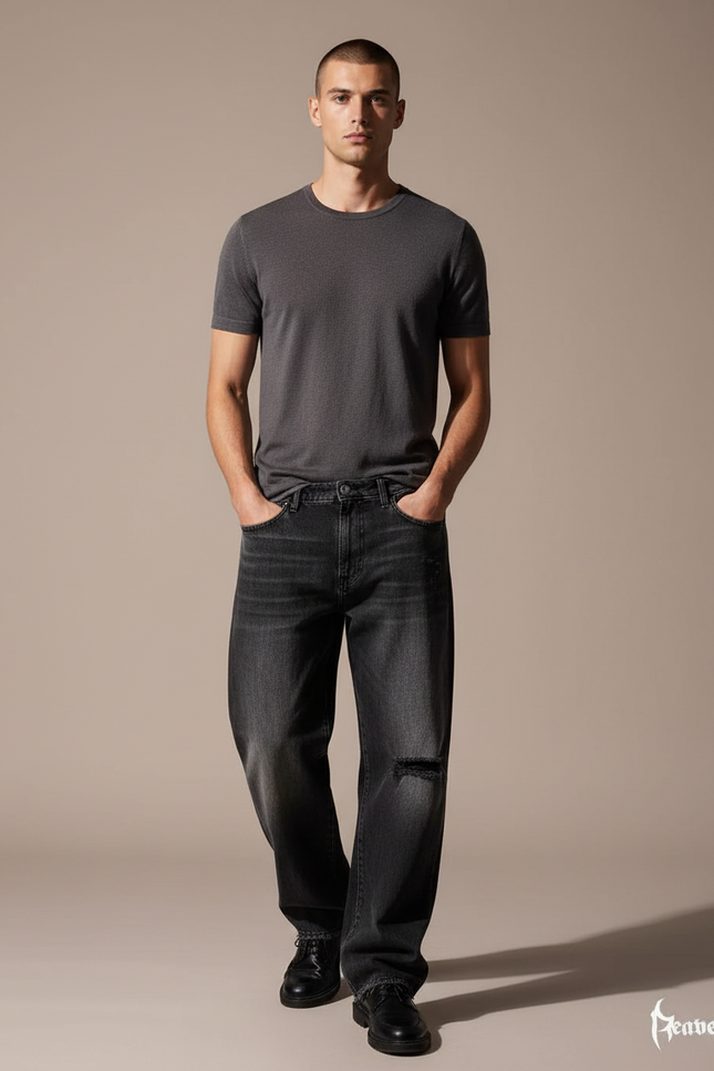 Pantalon Baggy Noir Denim Déchiré Ample Homme - Jean