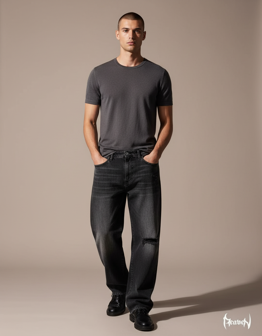 Pantalon Baggy Noir Denim Déchiré Ample Homme - Jean