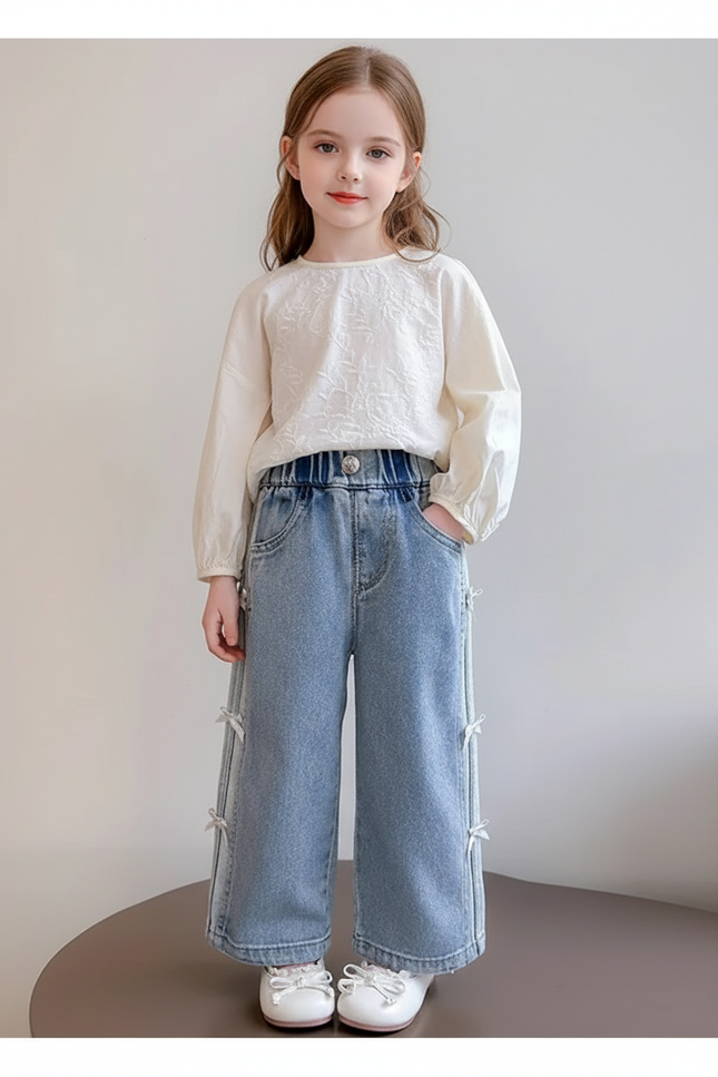 Pantalon Baggy Denim Bleu Ample Nœuds Latéraux Fille - Jean