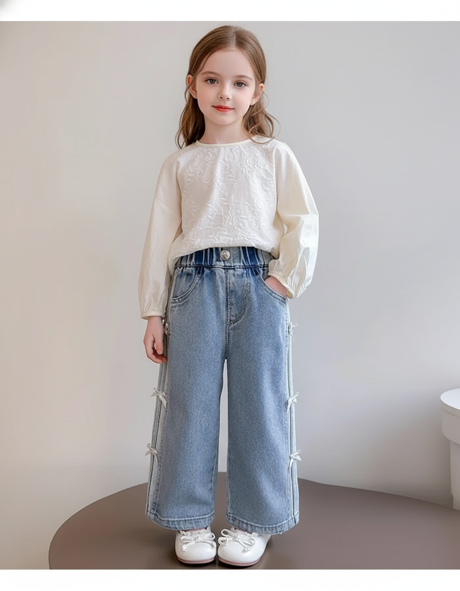 Pantalon Baggy Denim Bleu Ample Nœuds Latéraux Fille - Jean