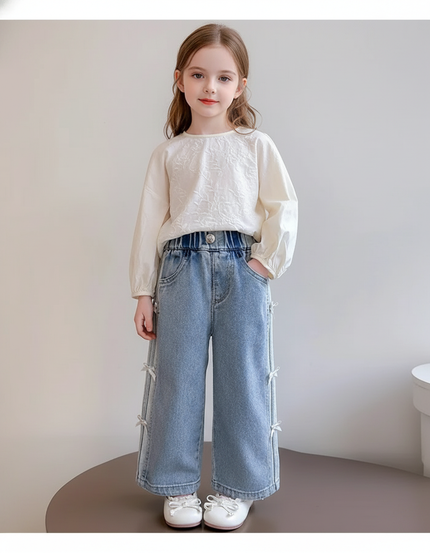 Pantalon Baggy Denim Bleu Ample Nœuds Latéraux Fille - Jean