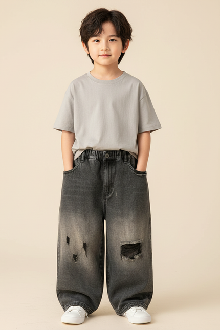 Pantalon Baggy Noir Délavé Ample Déchiré Enfant - Gris Jean