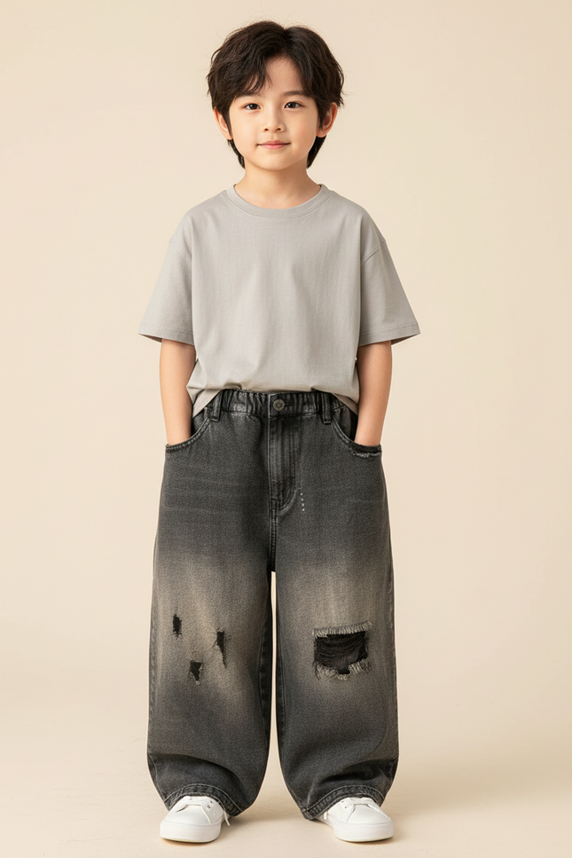 Pantalon Baggy Noir Délavé Ample Déchiré Enfant - Gris Jean