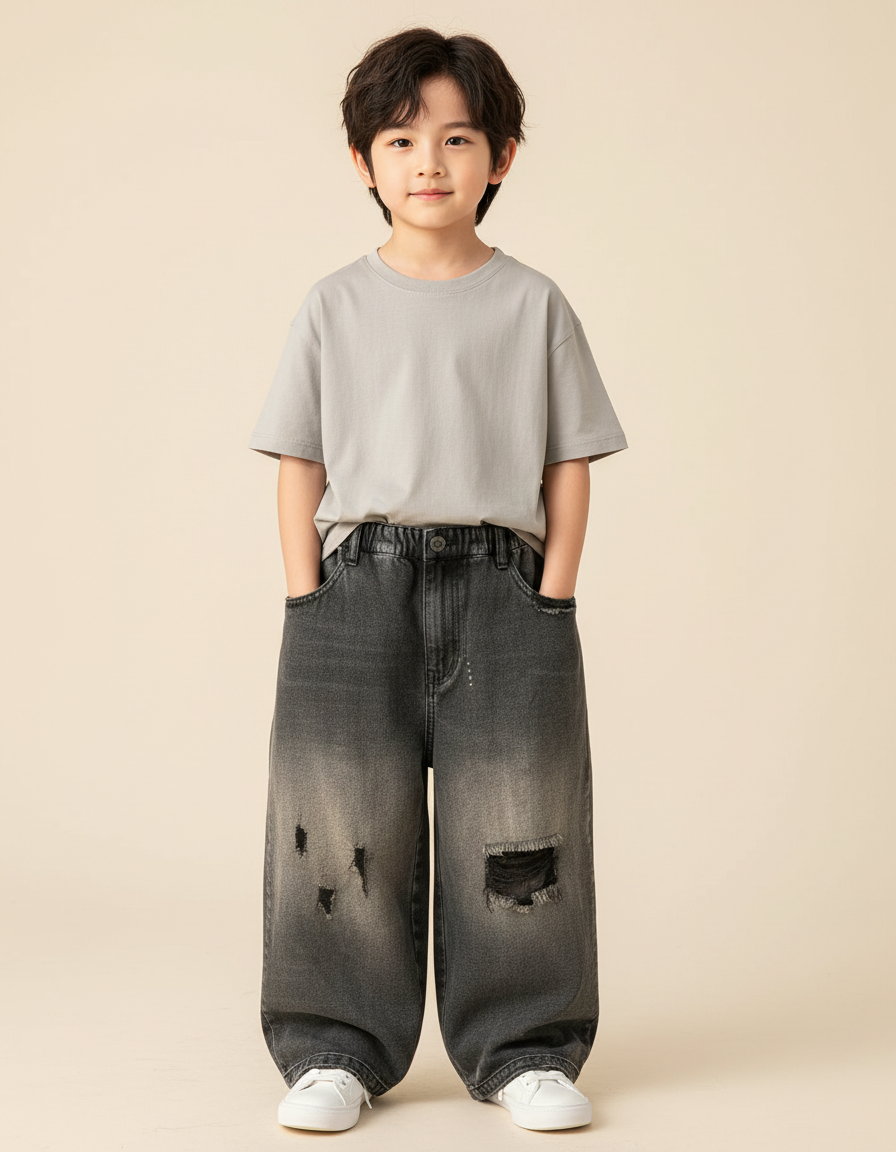 Pantalon Baggy Noir Délavé Ample Déchiré Enfant - Gris Jean