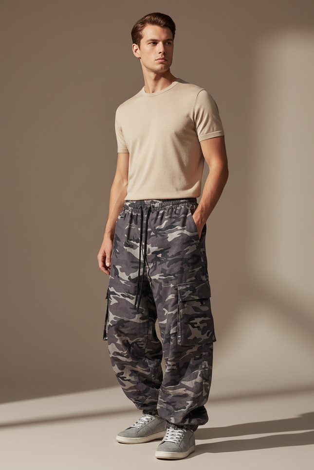Pantalon Baggy Camouflage Gris Ample Cargo Militaire - Toile