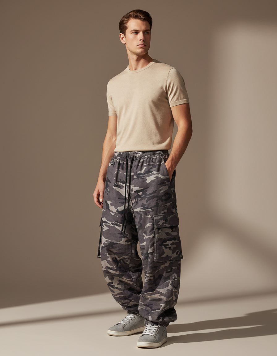 Pantalon Baggy Camouflage Gris Ample Cargo Militaire - Toile