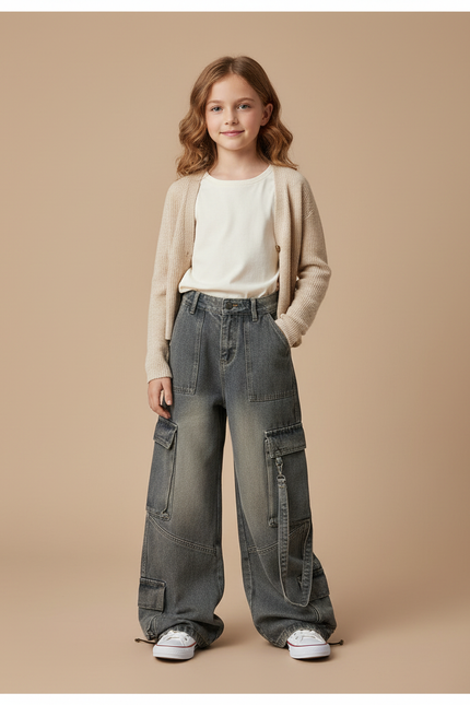Pantalon Baggy Jean Gris Cargo Ample Fille
