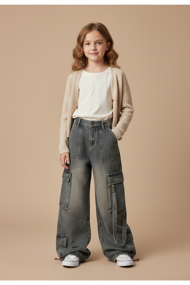 Pantalon Baggy Jean Gris Cargo Ample Fille